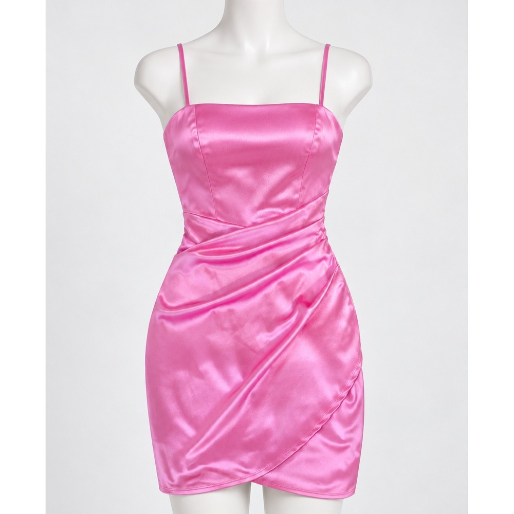 Honey and Rosie Pink Satin Ruched Bodycon Mini Dress XS Homecoming Wrap Hem